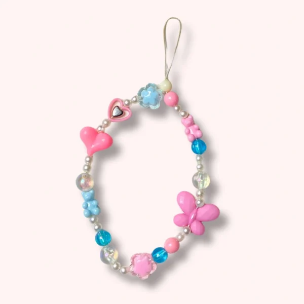 gantungan hp dari manik-manik warna biru dan pink